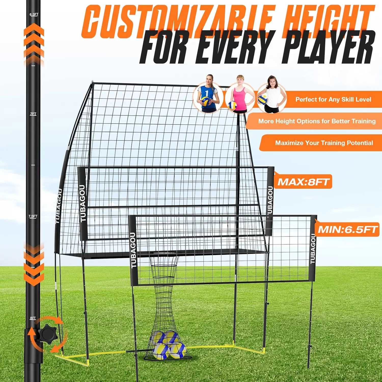 Estaci&oacute;n de pr&aacute;ctica de voleibol con red de altura ajustable y retorno de bal&oacute;n.