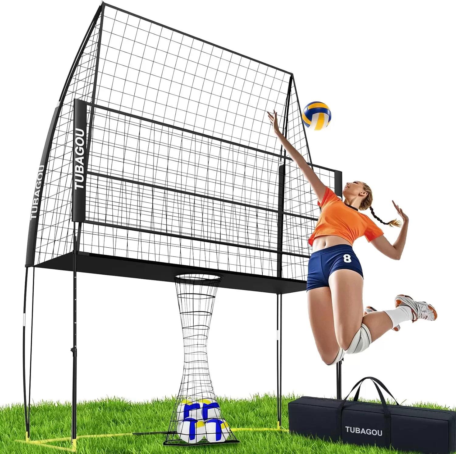 Estaci&oacute;n de pr&aacute;ctica de voleibol con red de altura ajustable y retorno de bal&oacute;n.
